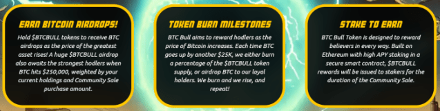 BTC Bull Token airdrops, turn burns, and stake to earn 